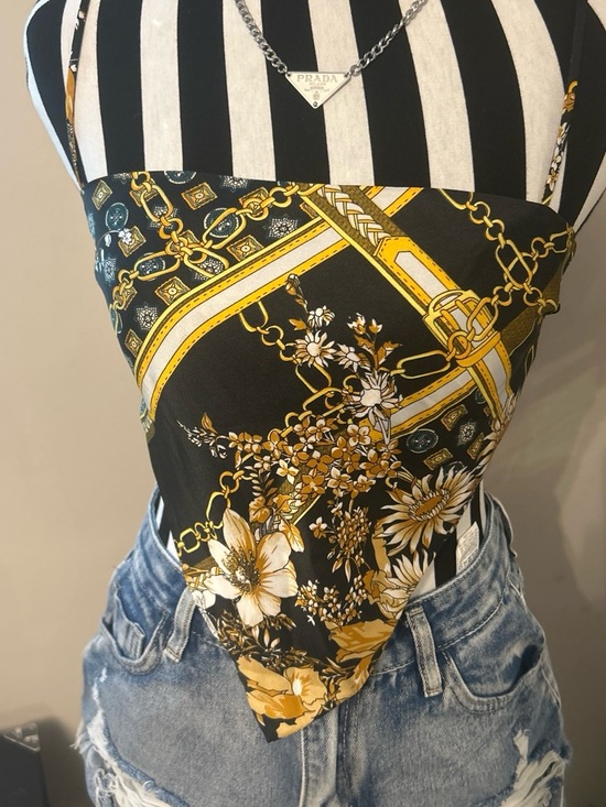 Princess Polly Tops - Princess Poly Black & Gold Floral handkerchief Top